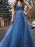 A Line V Neck Beaded Appliques Tulle Prom Dresses LBQ2256